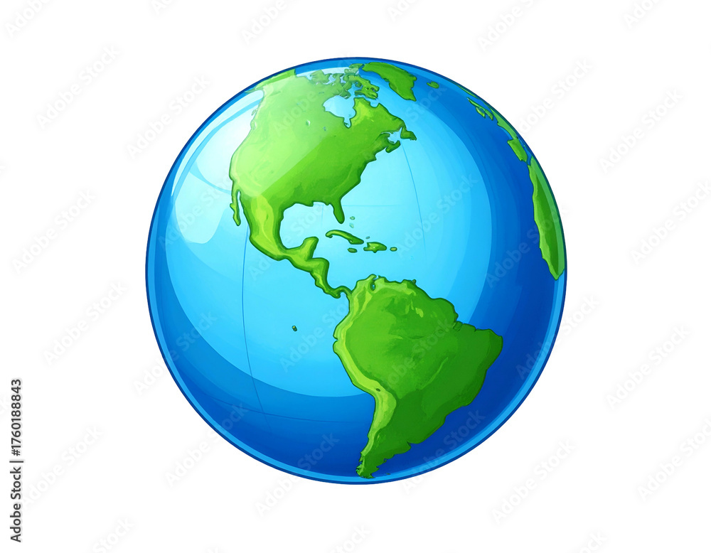 Naklejka premium Stylized, cartoon-like Earth globe, showing continents in green and oceans in blue