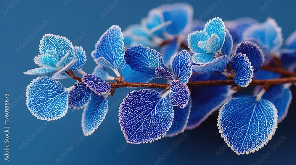 Fototapeta premium Midnight-blue foliage flat lay: matte aesthetic background with copy space, perfect for skincare KV, fragrance poster, phone wallpaper, social still-life template