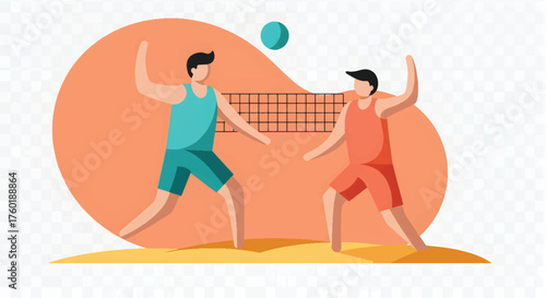 Beach volleyball players in action ready to spike the ball over the net.