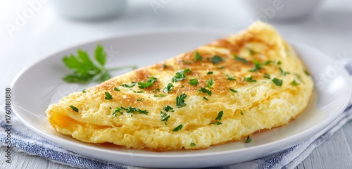 A fluffy omelet served with fresh herbs on a white plate, set against a soft, blurred kitchen background