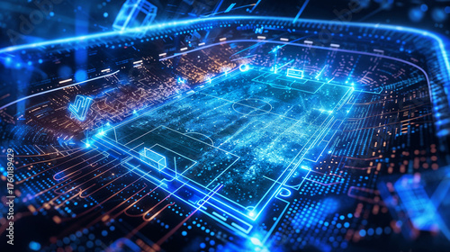 Holographic soccer field with glowing blue grid lines and digital data streams representing advanced virtual sports technology simulation.