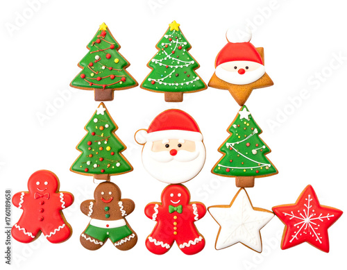 Festive frosted cookies in various Christmas shapes, arranged on a black background