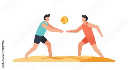 Two male athletes competing in a friendly beach volleyball match.