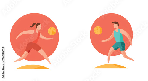 Male and female athletes jumping to spike a volleyball illustration set.