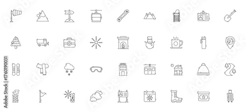 Ski resort icon set. Vector illustration. Includes smbols for ski lift, snowbord, mountain, avalanche, gggles, beanie, hotel, cabl car and more. Editable stoke.