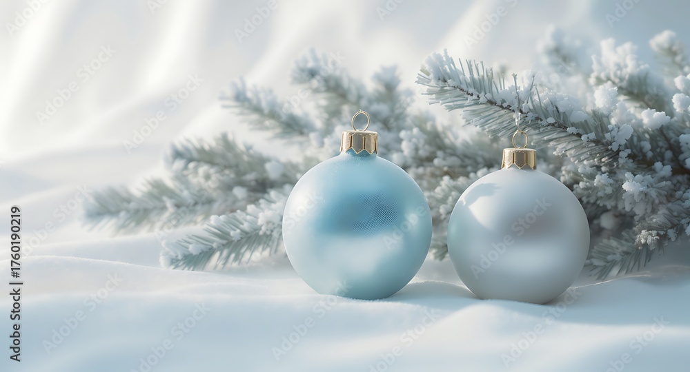 Fototapeta premium Two elegant blue and silver Christmas ornaments resting on a soft, snowy backdrop with a frosted pine branch overhead