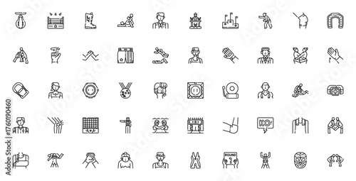 Wrestling icon set. Vector combat sports collection.Includes symbols for ring,trophy, referee, medal, boer, sumo, gloves, injury, odium, belt and more.