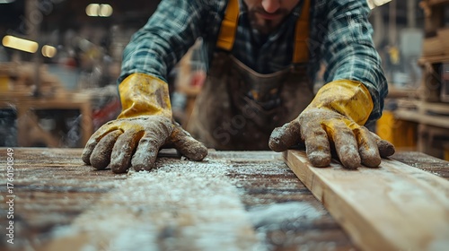 A carpenter wearing work gloves hands on a sawdust covered wooden workbench engaged in a woodworking project