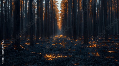 A dark forest path illuminated by glowing embers and fire on the ground after a devastating blaze