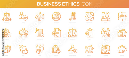 Gradient line style business ethics icons in a set of 24 icons
