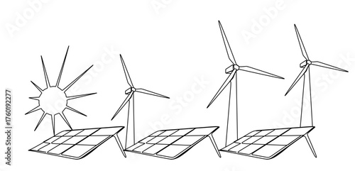 Continuous one line wind farm turbines vector illustration, Continuous one line drawing of wind turbine power , sustainable energy. Wind turbines power outline vector illustration.