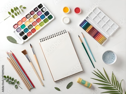 Creative Art Supplies Flat Lay with Sketchbook, Watercolor Palette, Brushes, Colored Pencils, and Green Leaves on White Background.