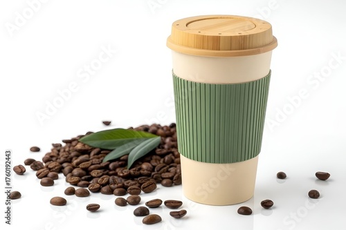 Eco Friendly Reusable Coffee Cup with Green Sleeve and Coffee Beans on White Background.
