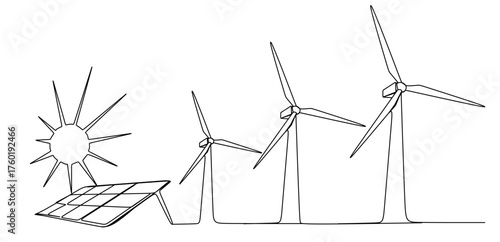 Continuous one line wind farm turbines vector illustration, Continuous one line drawing of wind turbine power , sustainable energy. Wind turbines power outline vector illustration.