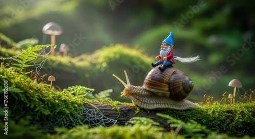 Gnome and Snail's Forest Journey: In a whimsical woodland scene, a charming gnome embarks on an adventure, riding atop a giant snail through a mossy forest floor.