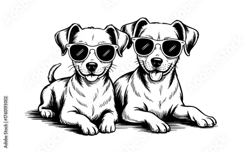 two cute dogs lying down and wearing sunglasses, symbolizing fun, friendship, and playful pet
