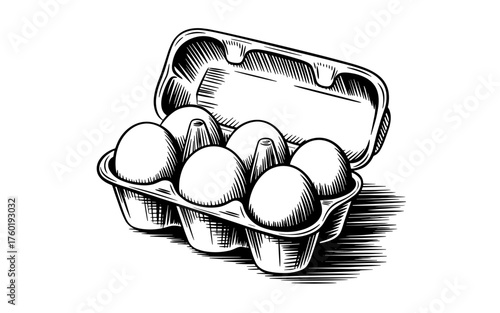 an open carton holding six eggs, representing food, breakfast, freshness, and natural farm products.