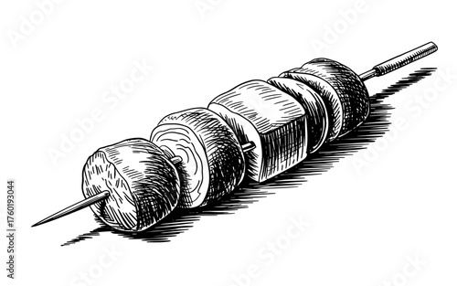 a skewer with assorted sliced vegetables and ingredients, symbolizing cooking, grilling, and culinary creativity.