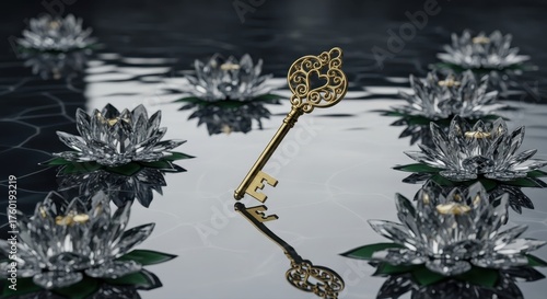 Golden Key of Secrets: A gilded key rests gracefully amidst shimmering, luminescent lotus flowers floating on serene water, creating an atmosphere of mystery and potential unlocking.