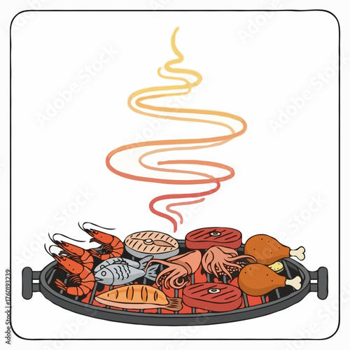 A smoky barbecue platter with chicken, steak, shrimp, fish, and squid, with smoke billowing above it, a line art vector illustration, symbol of a summer feast.