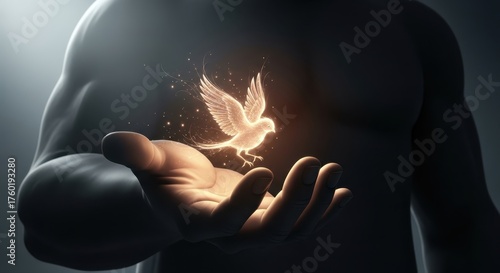 Illuminated Freedom: A sculpted male form cradles a radiant, glowing dove in his hand, a powerful symbol of peace, hope, and liberation.