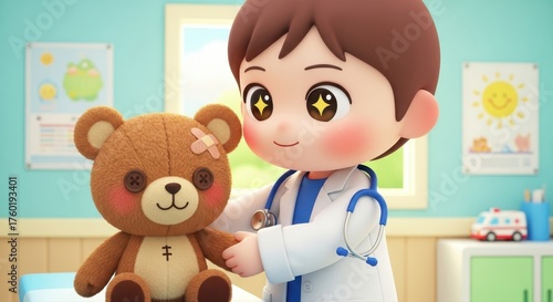The Doctor's Care: A child's room scene shows a young doctor, radiating warmth and kindness, tending to a cuddly teddy bear with gentle expertise, nurturing the essence of comfort and care.