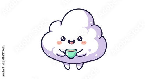 Whimsical Cloud with Drink: A delightful, cartoon-like cloud, showcasing a cute expression and holding a warm drink, epitomizing comfort and joy. 