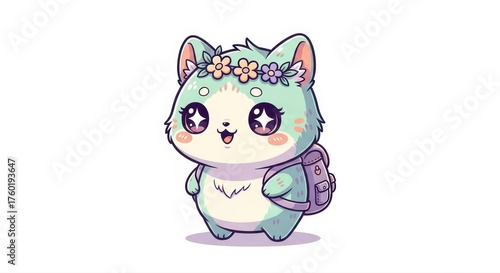 Charming Adventure: An endearing illustration of a cheerful cat with radiant eyes, adorned with a floral crown, ready for a delightful journey with a backpack.