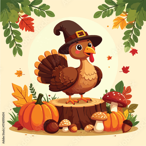 A cartoon turkey wearing a pilgrim hat on a tree stump with pumpkins, leaves, and mushrooms, celebrating Sweetest Day and Thanksgiving in a whimsical autumn scene with warm colors.