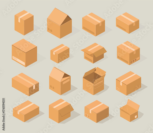Empty Packages Vector Collection, Opened and Closed Cardboard Boxes, Brown Kraft Packaging with Shipping Symbols, Top and Front Side Views for Delivery and E-Commerce Design