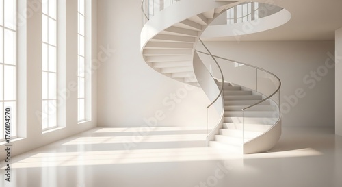 Modern white spiral staircase with glass railing bathed in bright