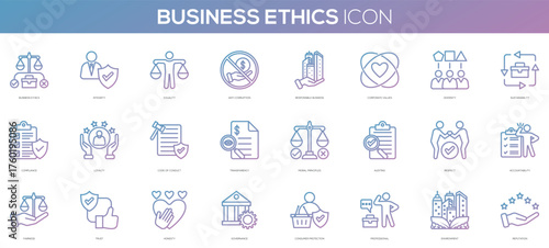 Gradient line style business ethics icons in a set of 24 icons size 64x64 px
