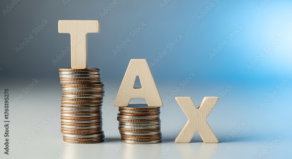 Fototapeta premium Wooden letters spelling tax placed on stacks of coins, symbolizing financial concepts and taxes