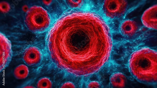 Thrombus obstructing red blood cells stream in artery concept. Close-up view of red blood cells in a scientific illustration.