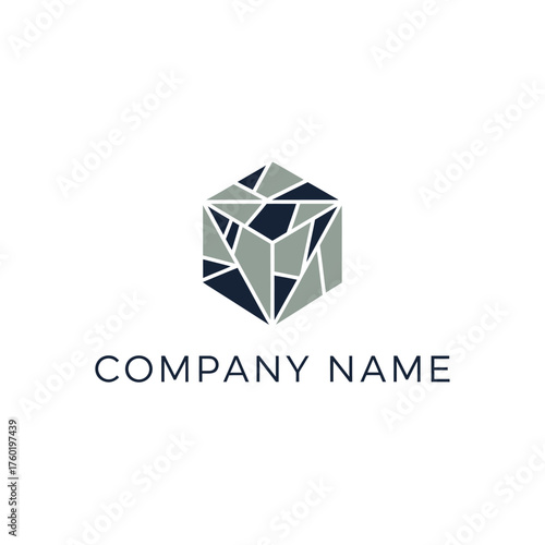 Abstract geometric cube logo design with fragmented facets in grey and dark blue, featuring 'COMPANY NAME' text below.