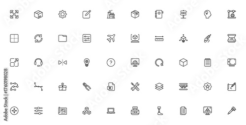 3D Printing icon set. Vector illustration. Includes ymbols for 3d modeling, scnner, tools, software, prootyping, design, industry nd more. Editable stroke.