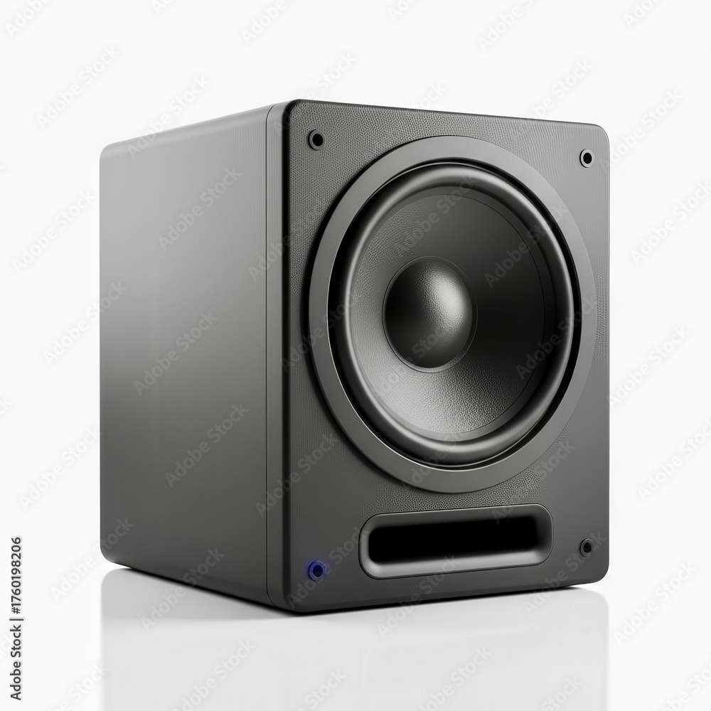 Fototapeta premium Black subwoofer speaker on a white background for home audio system use