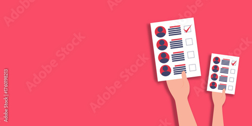 Minimal election background with two raised hands holding completed voting ballots against a solid red backdrop, symbolizing civic participation and the act of voting