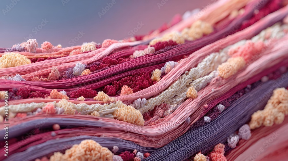 Fototapeta premium Plaque buildup causing blocked vein or artery concept. Colorful microscopic view of layered materials in abstract form.