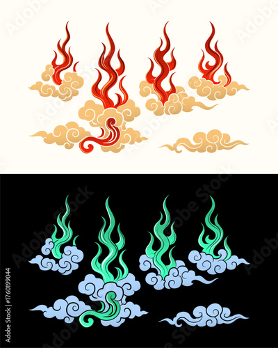 Traditional Japanese Style Fire flame ignite with clouds collection set vector clip art element isolated design editable	

