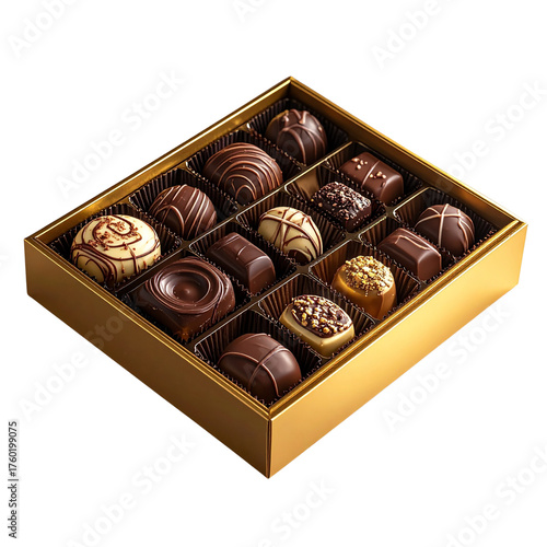 Luxury assorted chocolates in a golden box, elegant packaging, realistic lighting, studio background 