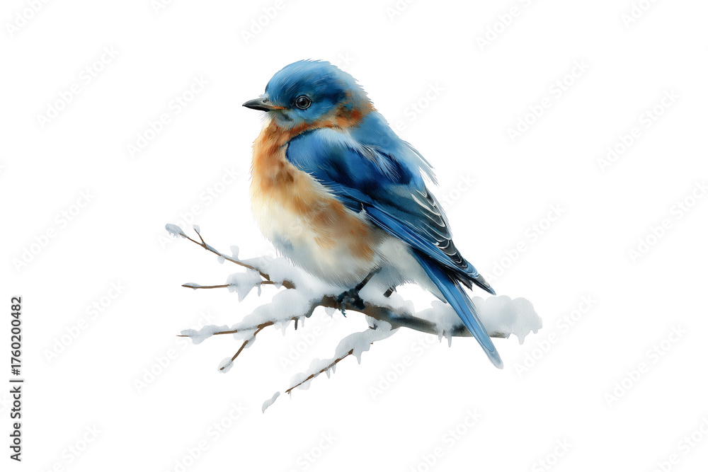 Fototapeta premium Watercolor Bluebird Perched on a Snowy Branch, Isolated on a Transparent Background