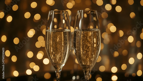 Celebration action champagne glasses clinking festive background bokeh lighting elegant ambiance