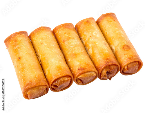 Five golden, crispy fried rolls, arranged diagonally, isolated against a transparent backdrop