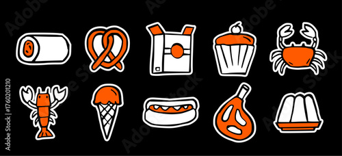 Fast food and dessert doodle sticker icon set: hand drawn black and orange illustration of street snacks, sweet treats, and minimal restaurant menu collection