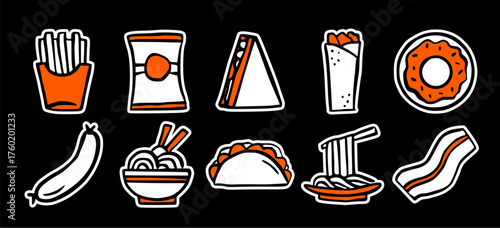 Fast food doodle sticker icon set: hand drawn black and orange illustration of street snacks, dinner meals, and minimal restaurant menu collection