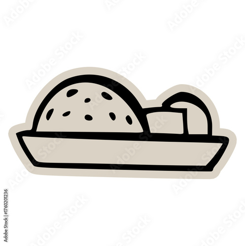 Plate of rice or porridge food doodle sticker icon: hand drawn illustration of grain serving, asian cuisine, and minimal restaurant menu design