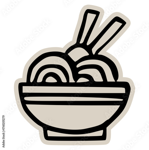 Bowl of ramen noodles with chopsticks doodle sticker icon: hand drawn illustration of hot asian soup food, minimal street vendor, and restaurant menu design