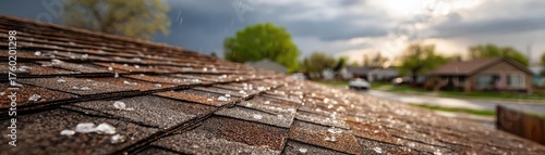 Roof with hail damage marked by inspection chalk concept. Close-up of a shingled roof with hail damage and cloudy sky.