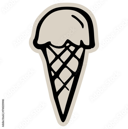 Ice cream scoop waffle cone doodle sticker icon: hand drawn illustration of sweet frozen dessert for minimal summer food and sweet shop design